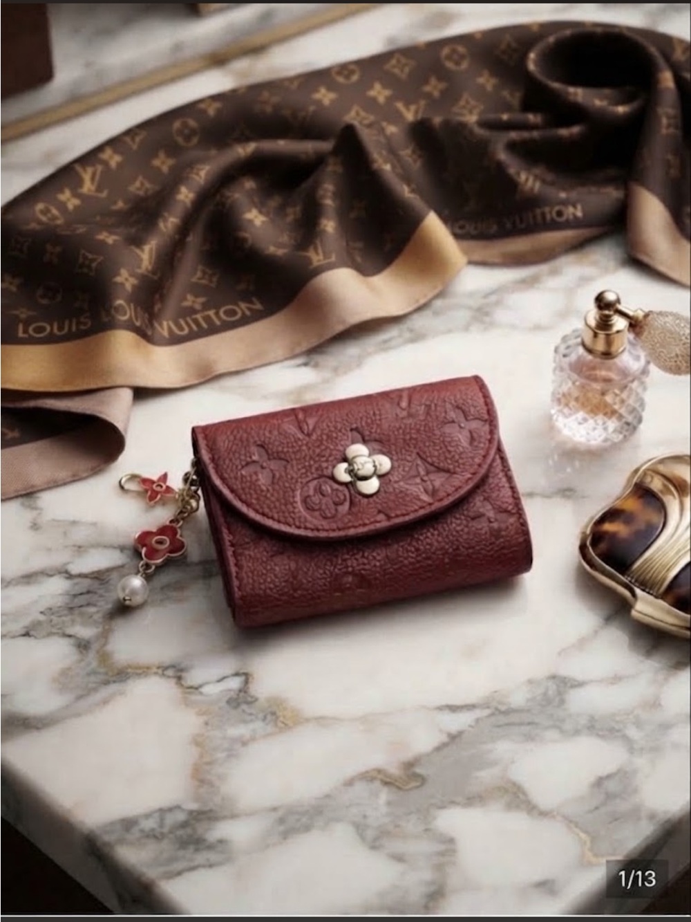 Burgundy Embossed Leather short Wallet with Floral Charm